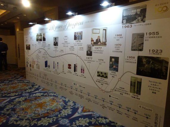 会場入り口にパネル展示された「三口産業株式会社100年の歩み」